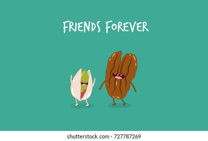 Funny pistachio and pecan nuts. Vector illustration. Use for card, poster, banner, web design and print on t-shirt. Easy to edit.