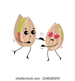 Funny pistachios with cute face kissing cartoon illustration. Pistachio in shell, pistachios kissing. Vegan or vegetarian food, seed, love, emotion concept