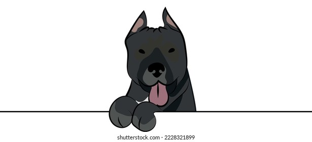 Funny Pitbull dog with paws over a white wall, in a pocket vector illustration. Funny dog smiling. Cute dog head on a white background. Hand-drawn mascot. Smiling Pit bull dog muzzle. BFF.