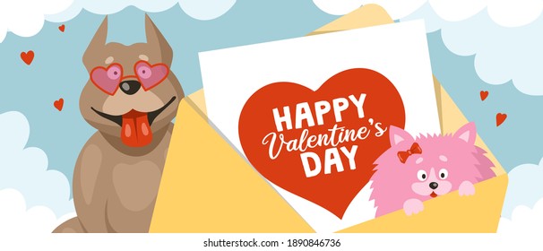 Funny pitbull dogs in heart-shaped sunglasses and a small spitz in an envelope with a valentine card. Cartoon vector illustration