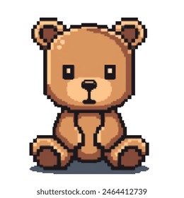 Funny pixel cartoon bear character. Pixel art design isolated on white background, 80s-90s, digital vintage game style. Design for textile print, cover template, embroidery, sticker, card 