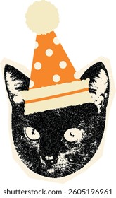 Funny pixel cat in party hat. Festive sticker with vintage texture.
