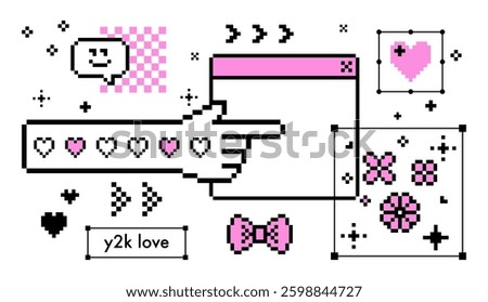 Funny pixel icons set. Y2k youth stickers in pink. Mood of 90s. 8 bit retro style vector illustration. Forefinger emoji. Long hand, spring blossom flower, heart and bow emoji. Game abstract elements 
