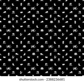 Funny pixel monsters. Seamless pattern of 8-bit pixel game. Retro video game elements for fabric print and background design.