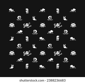 Funny pixel monsters. Seamless pattern of 8-bit pixel game. Retro video game elements for fabric print and background design.