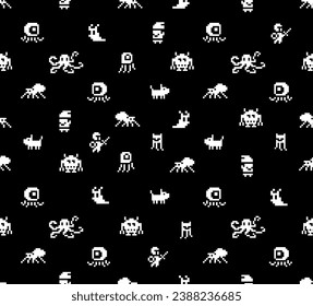 Funny pixel monsters. Seamless pattern of 8-bit pixel game. Retro video game elements for fabric print and background design.