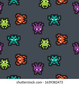 Funny pixel monsters seamless vector pattern.