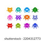 Funny Pixel Monsters vector collection. Abstrcat colorful monsters on white background in 8-bit retro pixel game style. Vintage video game elements for print fabric and backdrop design