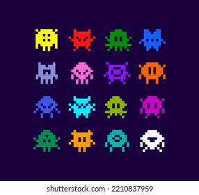 Funny Pixel Monsters vector collection. Abstrcat colorful flat monsters icons in 8-bit retro pixel game style. Pixel game assets. Vintage video game elements for print fabric and backdrop design