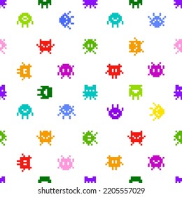 Funny Pixel Monsters - vector seamless pattern. Simple colorful monsters on white background in 8-bit retro pixel game style. Vintage video game seamless pattern for print fabric and backdrop design