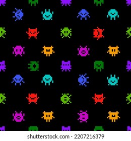 Funny Pixel Monster - Vektornahtloses Muster. Abstrakte bunte Monster auf schwarzem Hintergrund im Stil von 8-Bit-Retro-Pixelspielen. Vintage-Videospiel - nahtloses Muster für Print-Gewebe und Hintergrunddesign