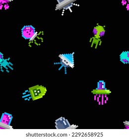 Funny Pixel Ufo aliens - vector seamless pattern. Simple colorful monsters on black in 8-bit retro pixel game style. Geek style invaders. Vintage video game seamless pattern for print fabric design