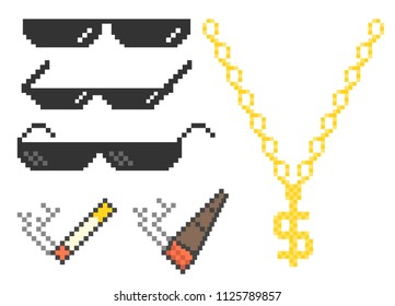 Funny pixelated boss sunglasses. Gangster, thug glasses, gold chain and cigar. Vector illustration.