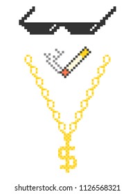 Funny pixelated boss sunglasses. Gangster, thug glasses, gold chain and cigar. Vector illustration.