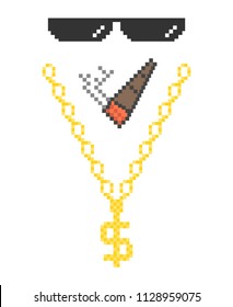 Funny pixelated boss sunglasses. Gangster, thug glasses, gold chain and cigar. Vector illustration.