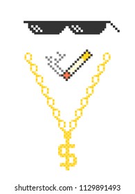 Funny pixelated boss sunglasses. Gangster, thug glasses, gold chain and cigar. Vector illustration.