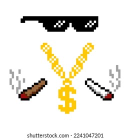 Funny pixelated boss sunglasses. Gangster, thug glasses and cigar set. Illustration of glasses pixel and cigarette 8bit style