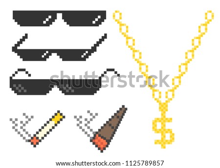 Funny pixelated boss sunglasses. Gangster, thug glasses, gold chain and cigar. Vector illustration.