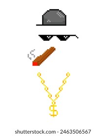 Funny pixelated boss sunglasses, Thug life of street, Hip hop baseball cap, smoking jamb, sunglasses, gold chain.