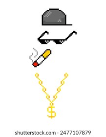 Funny pixelated boss sunglasses, Thug life of street, Hip hop baseball cap, smoking jamb, sunglasses, gold chain.