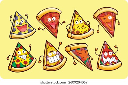 Funny pizza cartoon characters collection with many expressions