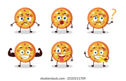 funny pizza cartoon with different expressions character design illustration