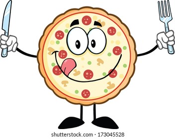 Funny Pizza Cartoon Mascot Character With Knife And Fork. Vector Illustration Isolated on white