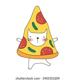 Funny pizza cat. Cute cartoon cat. Isolated object on white background. Good for posters, t shirts, postcards.