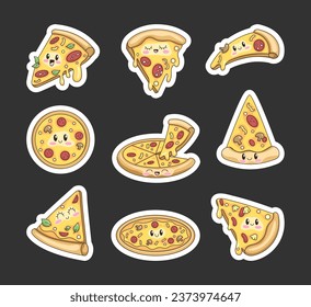 Funny pizza character. Sticker Bookmark. Cute cartoon fast food with happy face. Vector drawing. Collection of design elements.
