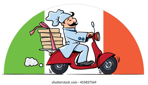 Funny pizza chef or baker rides a scooter or motobike with boxes of pizza, like courier or delivery boy. On the semicircle background in colors of Italian flag. Vector illustration. Cartoon