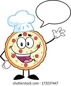 Funny Pizza Chef Cartoon Mascot Character Waving. Vector Illustration Isolated on white