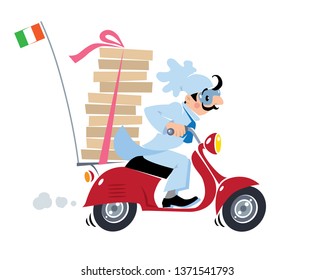 Funny pizza chef on scooter. Pizza delivery