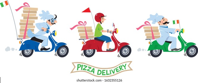 Funny pizza chef on scooter. Pizza delivery logo set