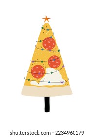 Funny pizza Christmas tree with garland. Holiday graphic. Vector hand drawn illustration.