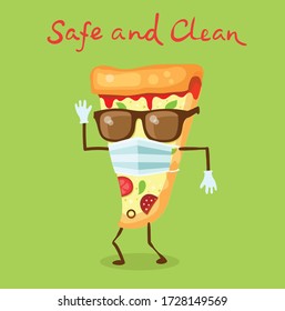 Cálida pizza, protegida por copos, con máscara facial y guantes, gran diseño para cualquier propósito. Ilustración vectorial de la comida. 