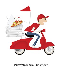 Funny pizza delivery boy riding red motor bike