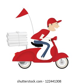 Funny pizza delivery boy riding red motor bike