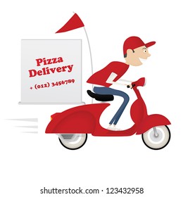 Funny Pizza Delivery Boy Riding Red Motor Bike Isolated On White Background