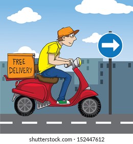 Funny pizza delivery boy riding red motor bike in city background, vector illustration