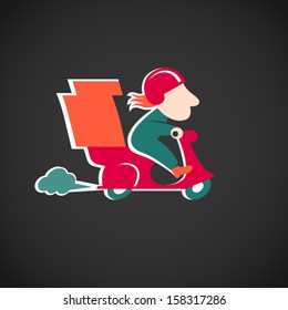 Funny pizza delivery man with boxes on red motorbike. Cartoon character in retro style. Courier driving scooter, bike. Logo element for delivery service.