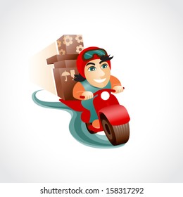 Funny pizza delivery man on red motorbike isolated on white background.Cartoon character. It can be used for decorating of invitations, cards, menu, decoration for bags and clothes.