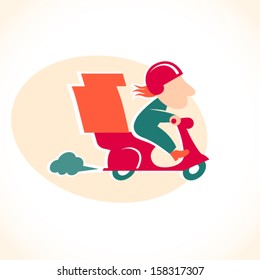 Funny pizza delivery man on red motorbike. Cartoon character in retro style. It can be used for decorating of invitations, cards, menu, decoration for bags and clothes.