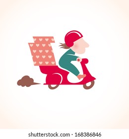 Funny pizza delivery man on red motorbike. Cartoon character in retro style. It can be used for decorating of invitations, cards, menu, booklets, leaflets, decoration for bags and clothes.