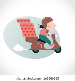 Funny pizza delivery man on brown motorbike. Cartoon character in retro style. It can be used for decorating of invitations, cards, menu, booklets, leaflets, decoration for bags and clothes.