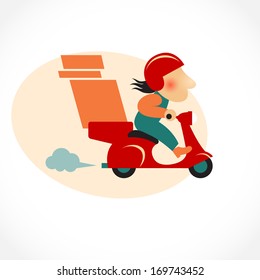 Funny pizza delivery man on red motorbike. Cartoon character in retro style. It can be used for decorating of invitations, cards, menu, decoration for bags and clothes.