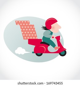 Funny pizza delivery man on red motorbike. Cartoon character in retro style. It can be used for decorating of invitations, cards, menu, decoration for bags and clothes.