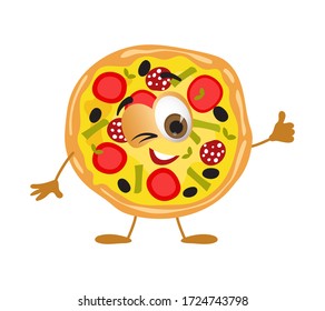 Funny Pizza with eyes on white background, funny products series, flat vector illustration