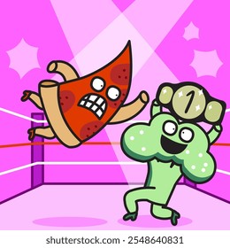 Funny Pizza is fighting A Champion Broccoli Concept Cartoon Character illustration