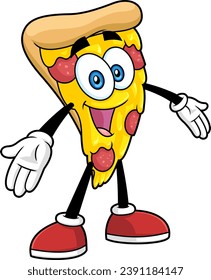 Funny Pizza Slice Cartoon Character With Open Arms For Hugging. Vector Hand Drawn Illustration Isolated On Transparent Background