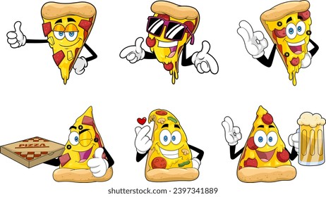 Caracteres divertidos de dibujos animados de Pizza Slice. Conjunto De Colección De Dibujo De Mano De Vector Aislado En Fondo Transparente